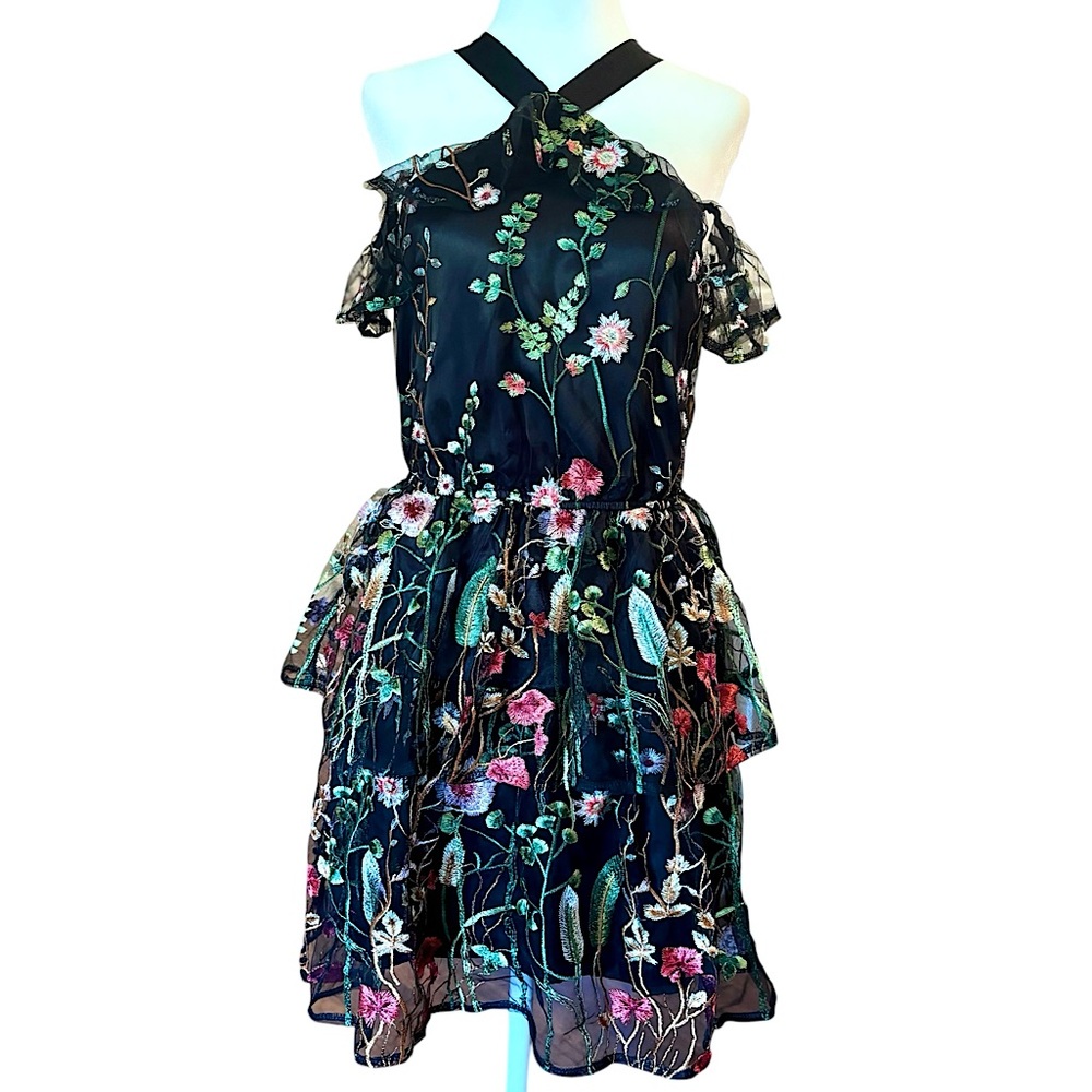 L’Atiste Floral Garden Embroidered Tiered Ruffle Black Halter Mini Dress Small